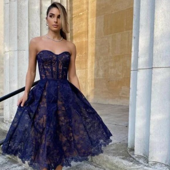 NWT NADINE MERABI Olivia Strapless Lace navy S/M